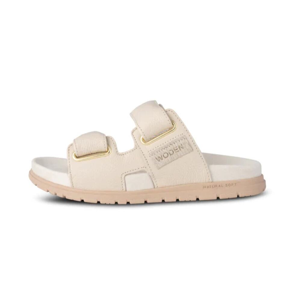 Woden Lisa Leather Ivory Sandals Size 8 NIB Chic Luxury Chunky Buckle Straps